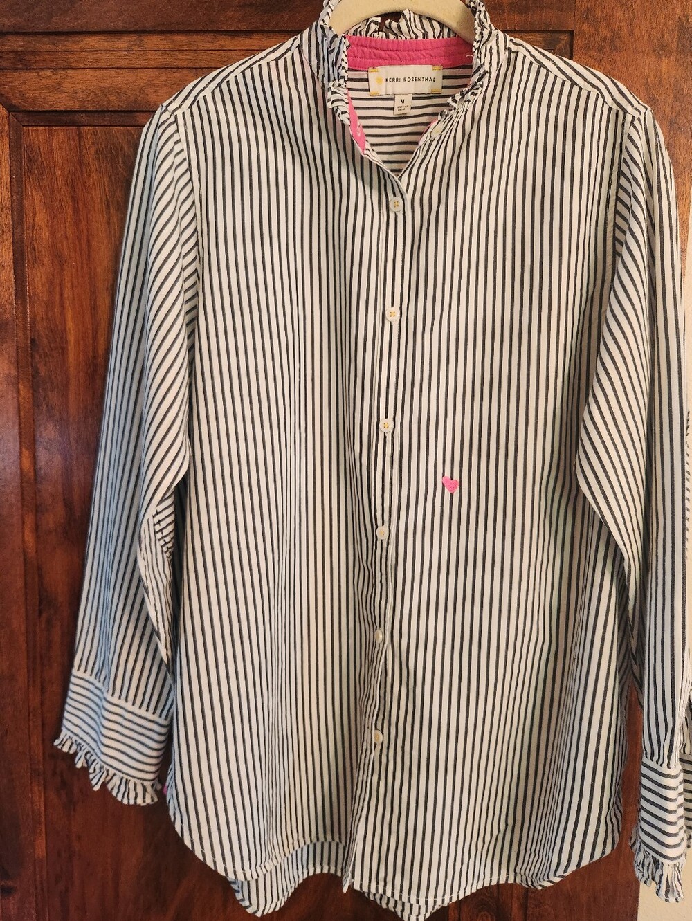 KERRI ROSENTHAL Blue Stripe Button Up Shirt with Ruffle Banded Collar and Cuffs.